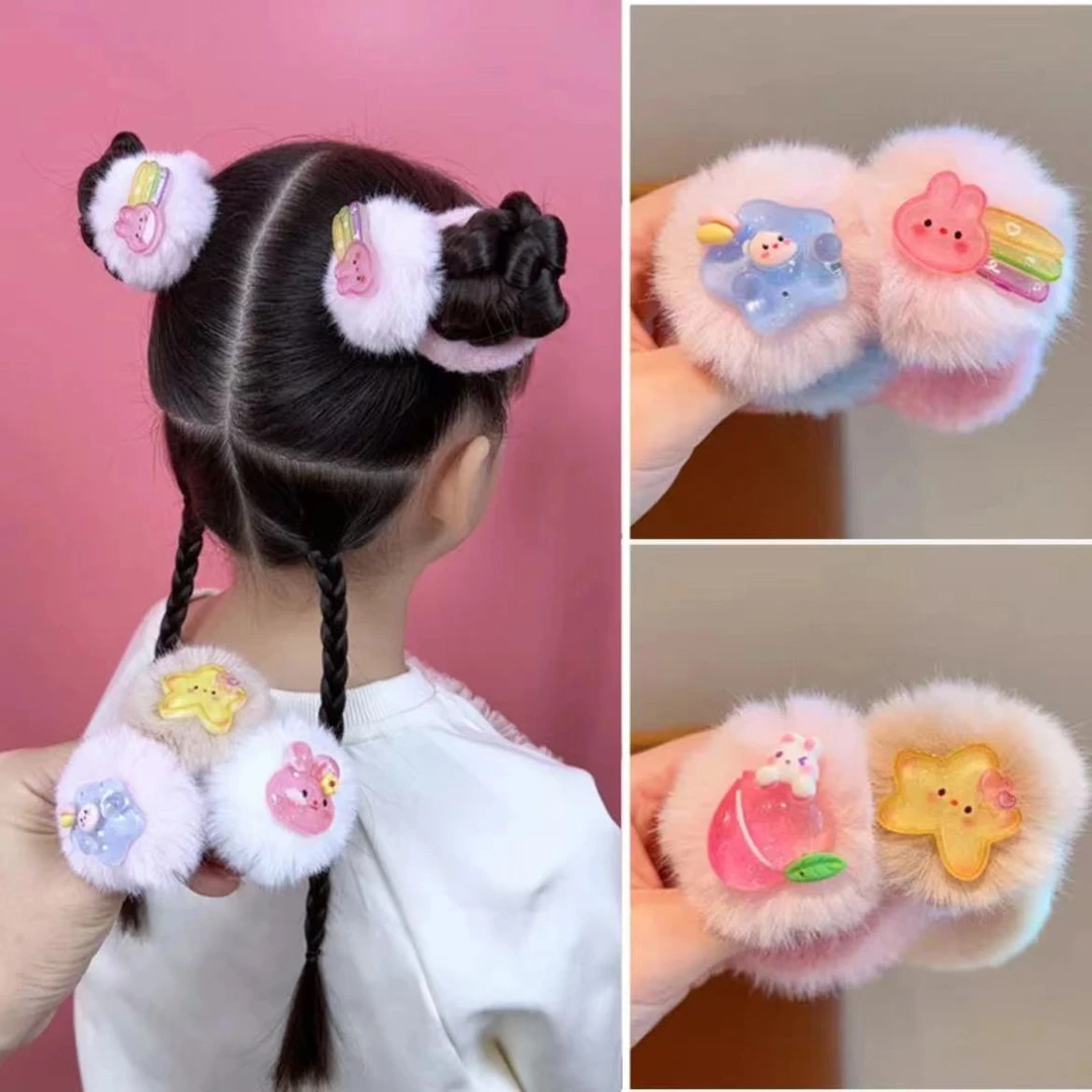 【俏萌宝】秋冬卡通毛绒女童高弹力毛球发圈小女孩不伤发头绳发饰