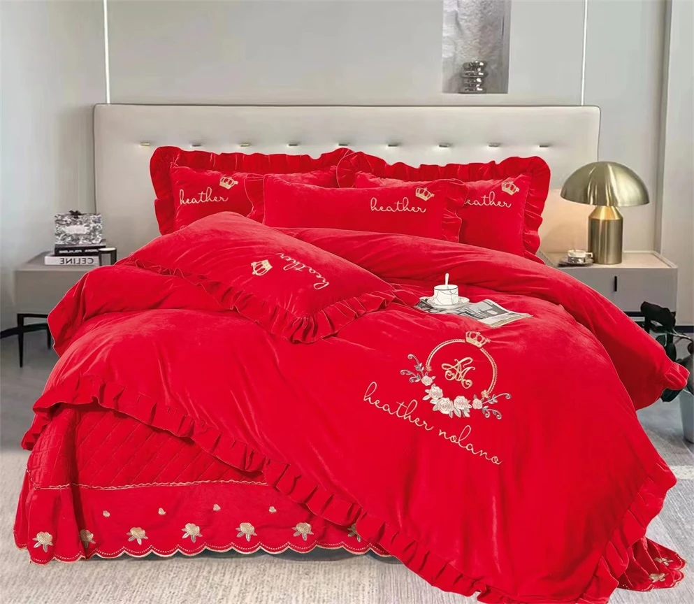 遇见~加厚超柔纯色韩版长裙款床盖款绣花公主风婴儿绒面料四件套