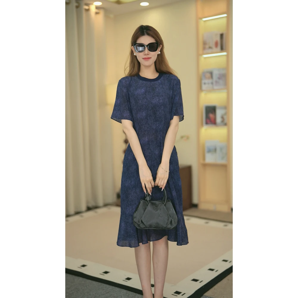 纯色牛仔蓝100桑蚕丝连衣裙女装2024夏季新款中长裙收腰2023-061