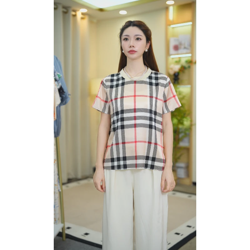2024年新款桑蚕丝上衣舒适时尚格纹经典宽松休闲复古T恤24038