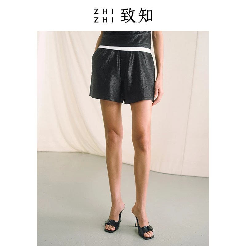 【禁售】洞仙影 小A字短裤女2024年新款松紧腰珠片休闲ZZ2DSWK7032