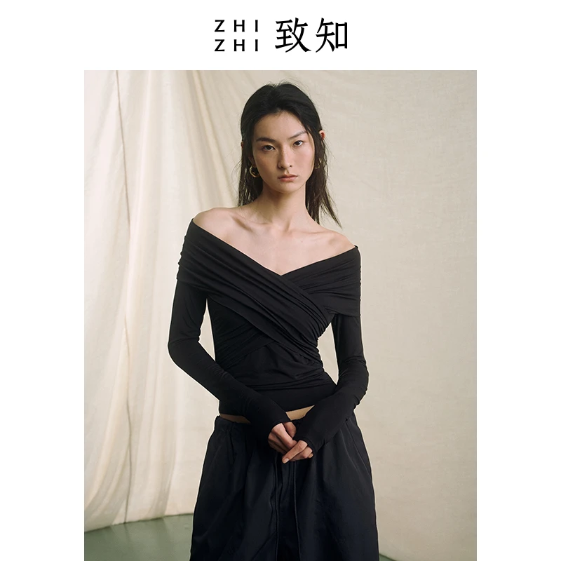致知 霜月 一字肩T恤女2024 新款透高弹包裹感修身ZZ2DSWTW075