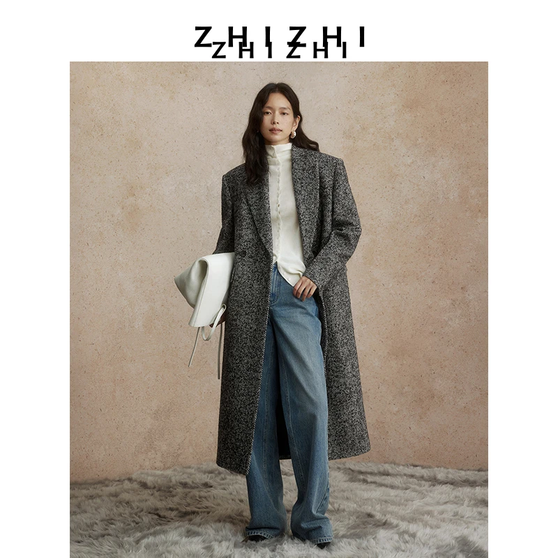 致知 金盏子 人字纹西装式长款女2024冬季新款通勤职ZZ2DWWWC018