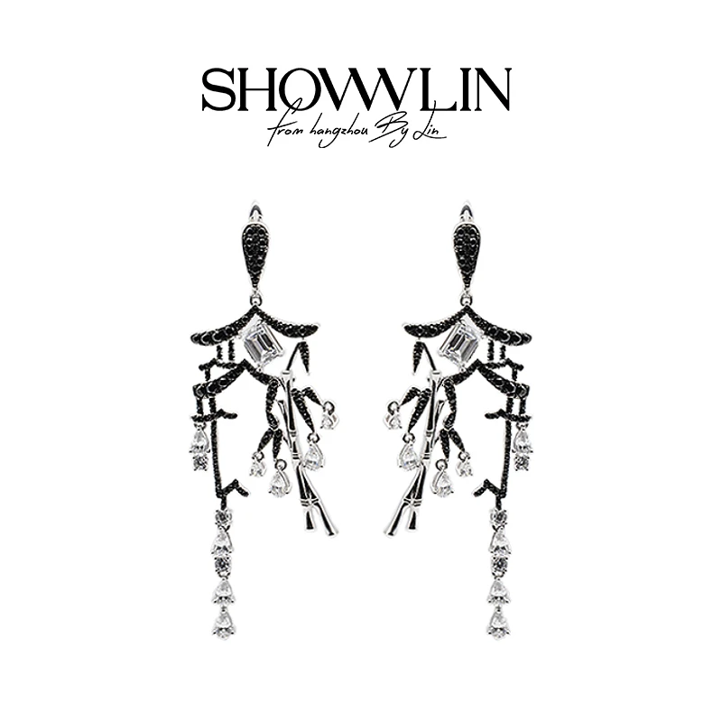 ShownLin 铜合金合成锆石耳饰 水墨江南耳环国风气质时尚内敛小众