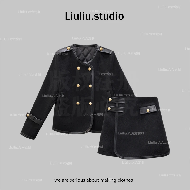 LiuLiu定制【贵气金扣】设计感双排金扣绗棉外套+半身裙套装两件套
