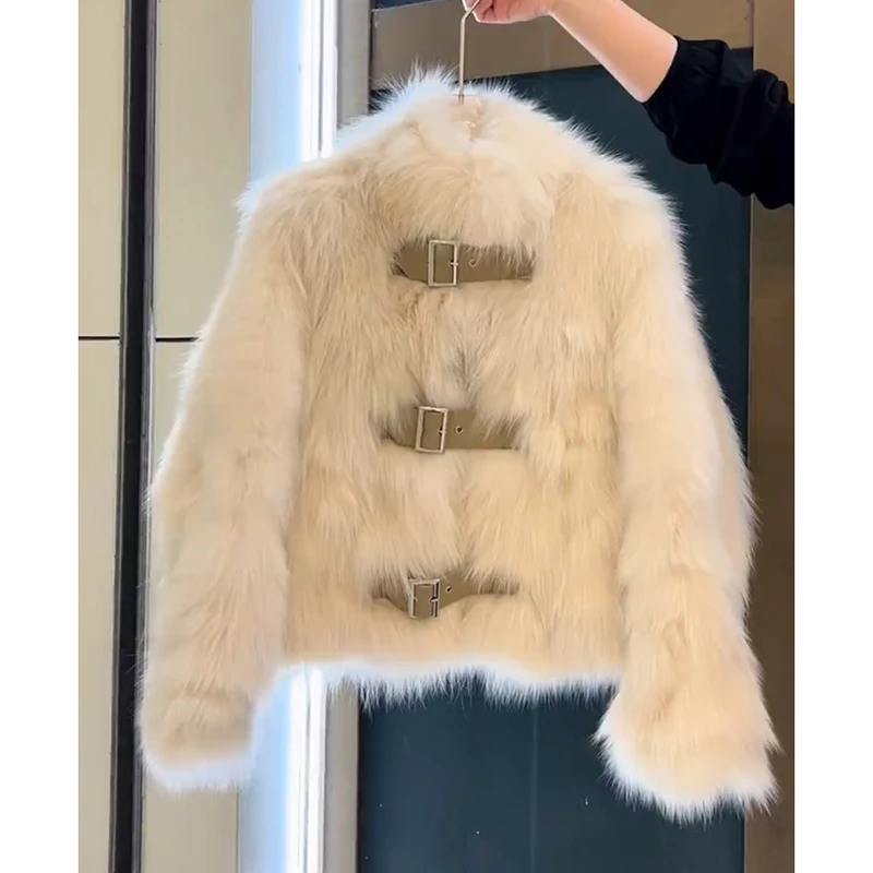 小立领皮扣设计小香风毛外套冬季新款气质小个子毛毛外套女28699#