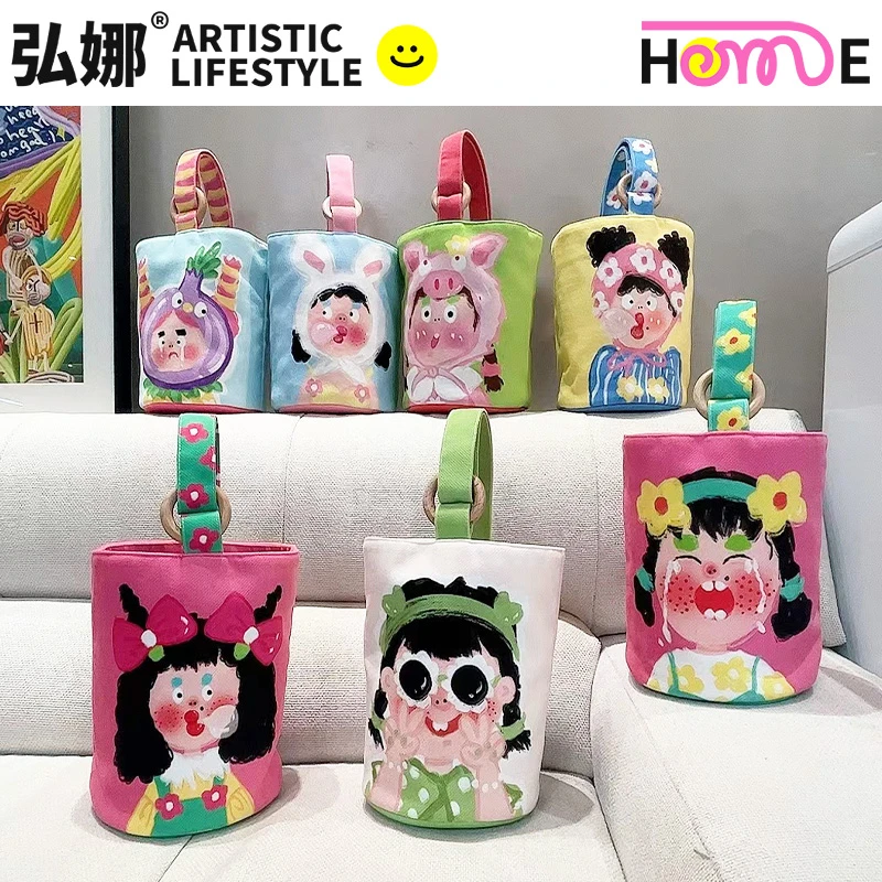 弘娜X仟精灵插画师款 小兔妞表情系列时尚手提单肩布包水桶包女