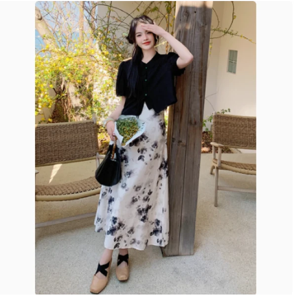 【HT749】新中式国风套装女2025夏季新款盘扣水墨花半身裙两件套