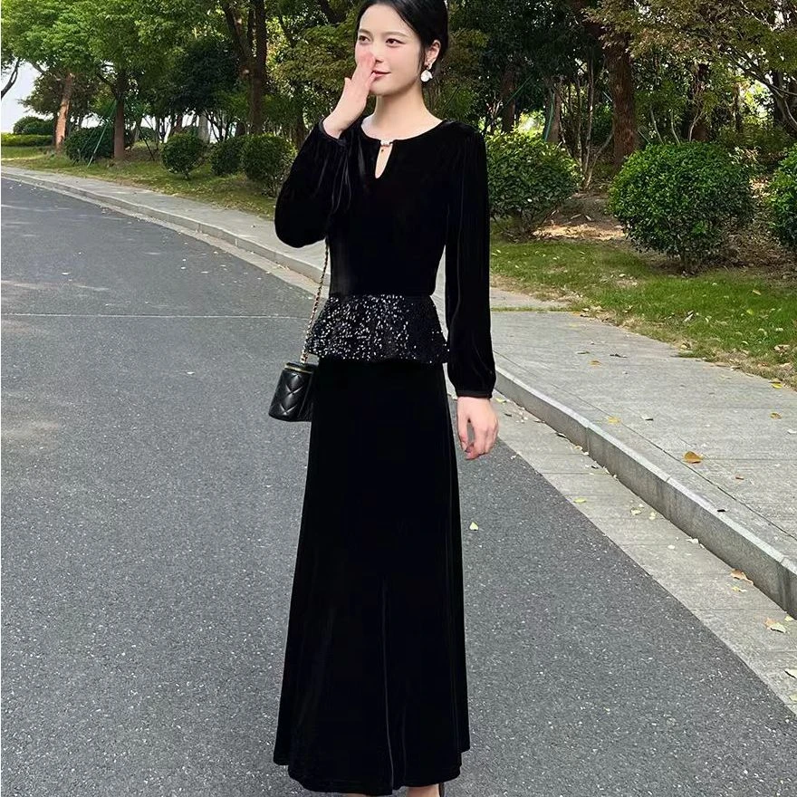 【HT648】丝绒2024秋冬新款赫本风两件套气质显瘦小黑裙子长款