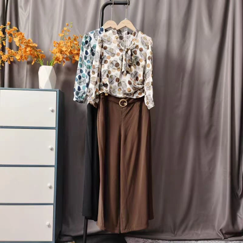 【HT581】2024秋套装百搭两件套显瘦套裤印花修身通勤女阔腿裤子