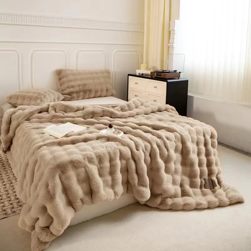出口原单轻奢兔毛绒毛毯 加厚绒毛毯 双面托斯卡纳盖毯