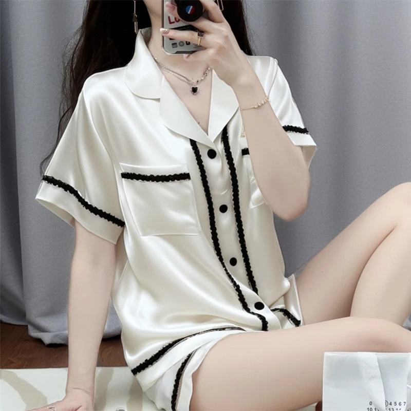 维多利亚水光绸小香风撞色睡衣女夏季短袖短裤家居服套装薄款冰丝