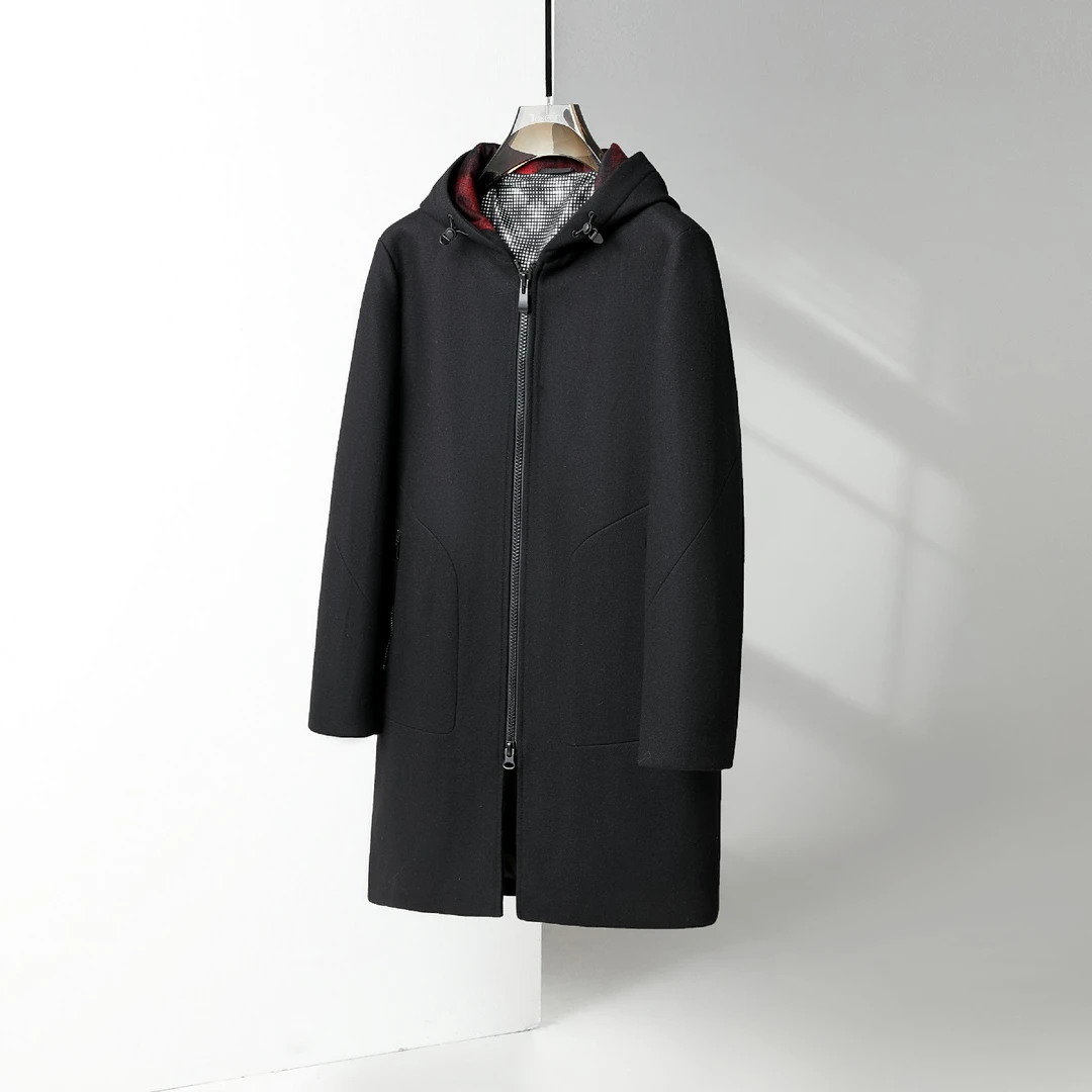 9043男女情侣秋冬新款中长款连帽针织呢大衣加厚冬季商务休闲外套