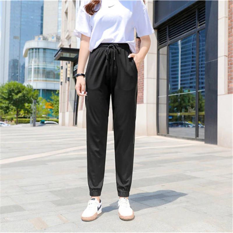 春夏新薄款束脚运动休闲裤高腰薄款高弹力ins潮九分女裤宽松大码