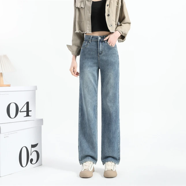 浅色牛仔阔腿裤女2024年春夏季新款高腰时尚大小个子窄版直筒裤
