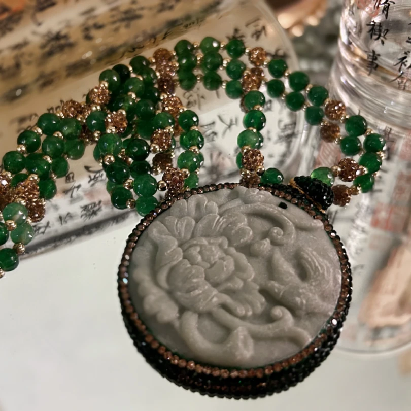 铜合金项链 2491西洋中古风vintage复古宫廷绿色花朵浮雕吊坠项链
