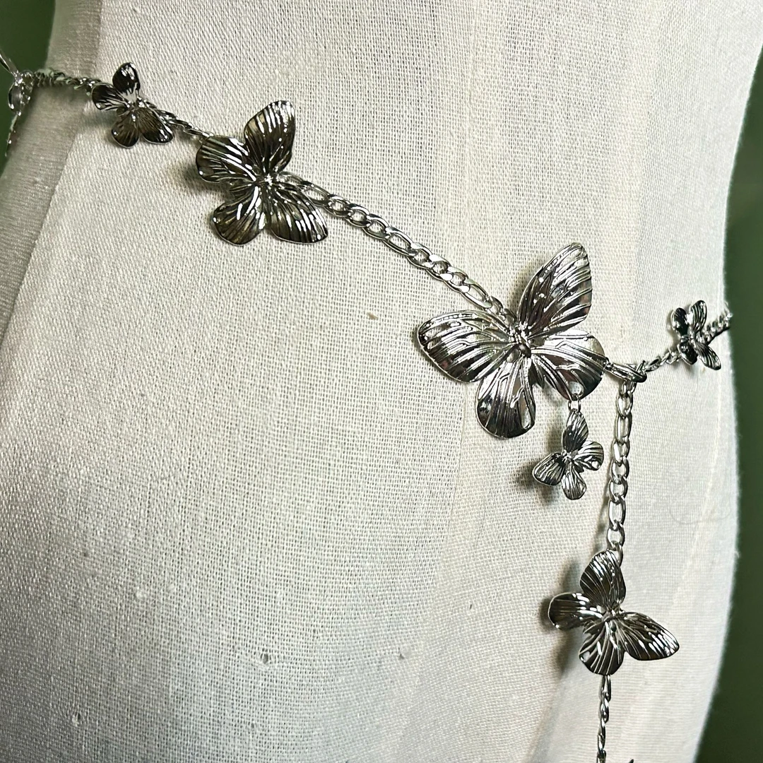 铜合金项链 3519西洋中古风vintage复古宫廷银色蝴蝶腰链项链