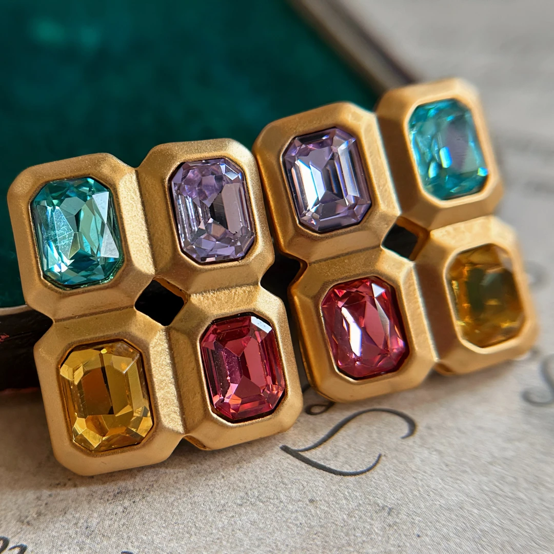 铜合金耳饰 1336西洋中古风vintage复古彩色方块耳钉