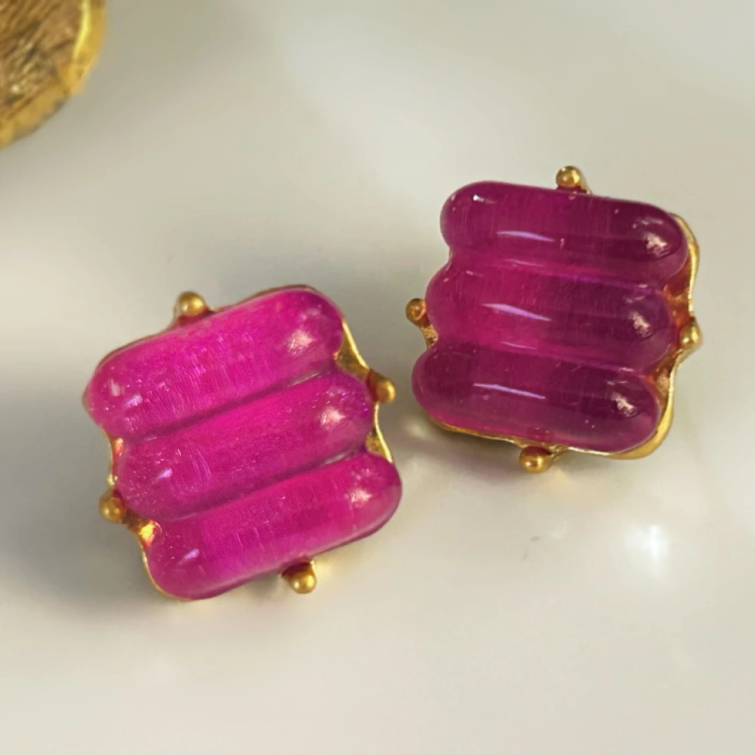 铜合金琉璃耳饰 4070西洋中古风 vintage复古紫色方块琉璃耳钉