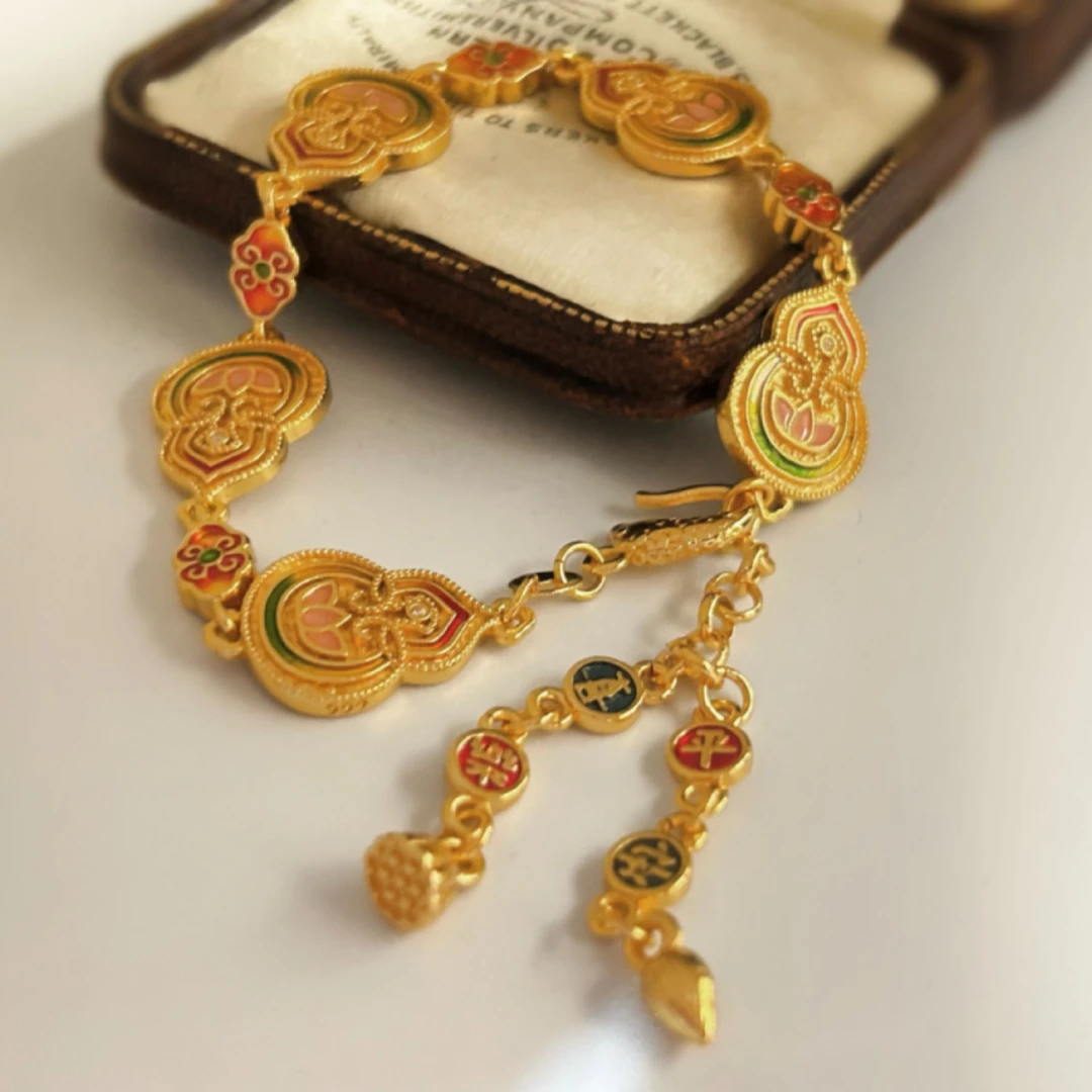 铜合金手链 3729西洋中古风vintage复古宫廷古法雕刻金色葫芦手链