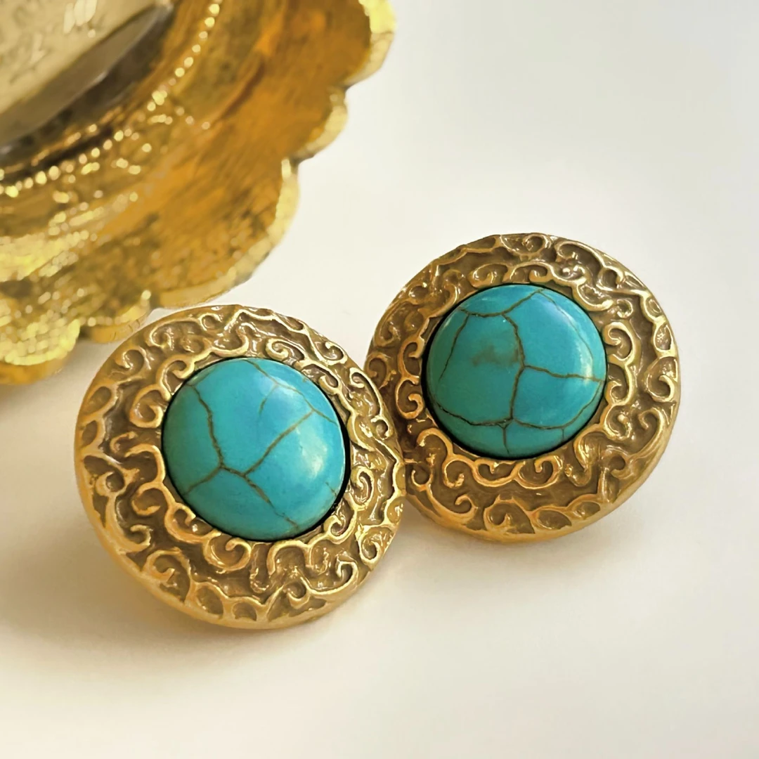 铜合金耳饰 4042西洋中古风 vintage复古宫廷人造松蓝耳钉