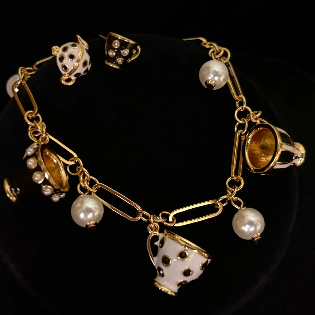 铜合金手链  2497西洋中古风vintage复古黑白油画茶杯手链耳钉