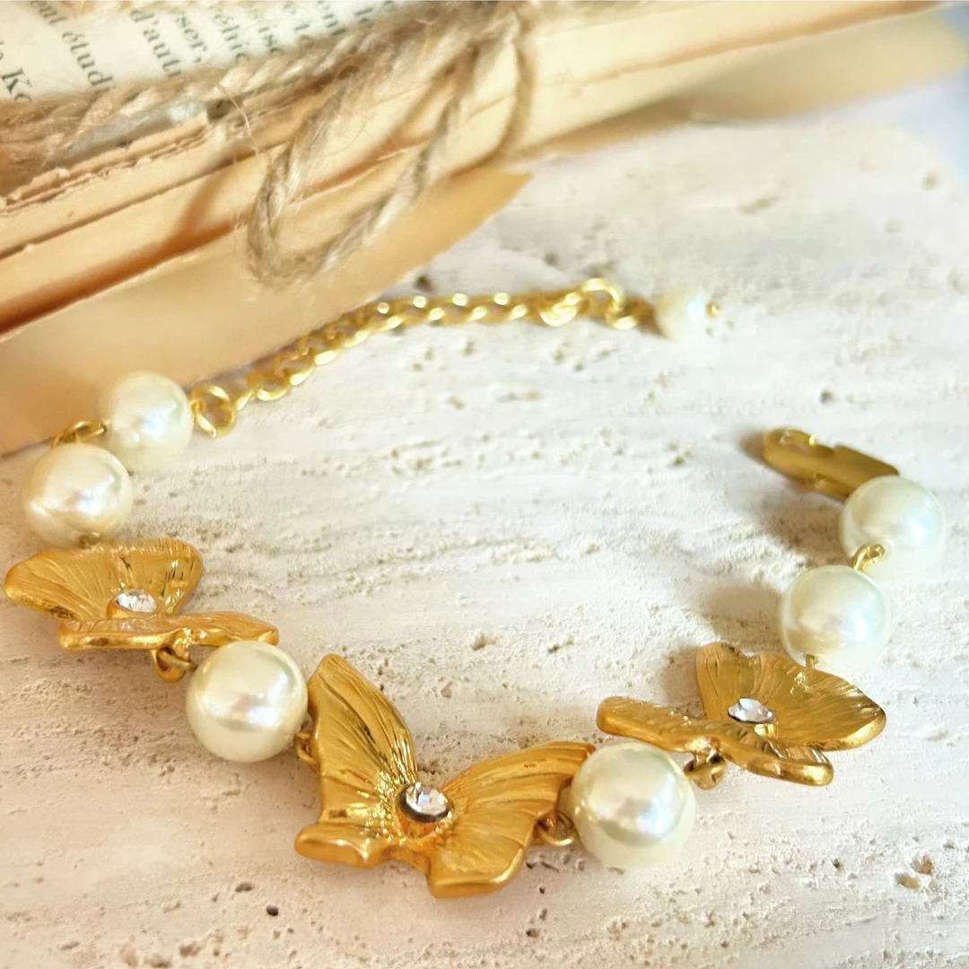 铜合金仿珍珠手链 3606西洋中古风vintage复古宫廷蝴蝶拼接手链