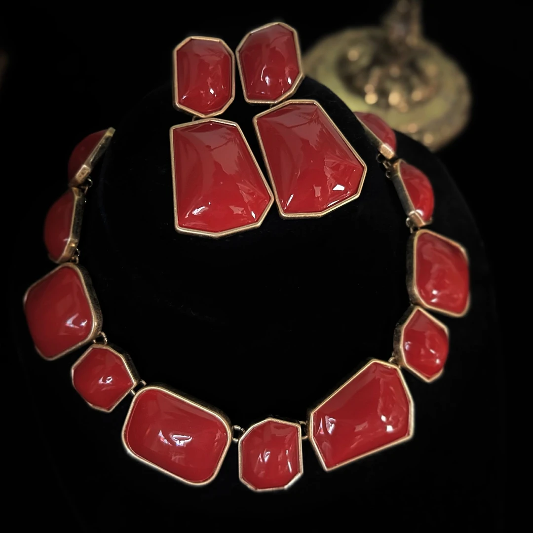 铜合金耳饰 2764西洋中古风vintage复古红色做旧方块熔岩耳环项链