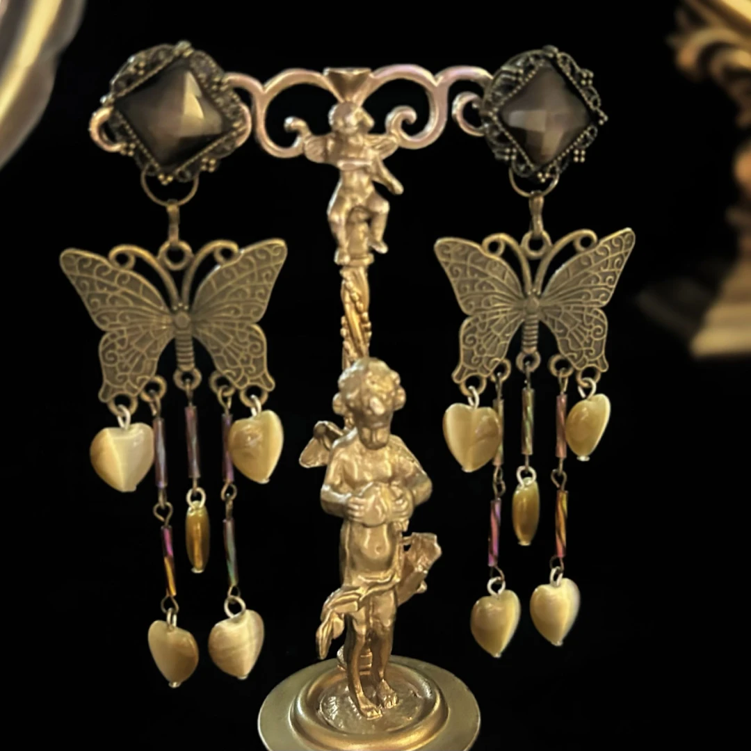 铜合金耳饰 3978西洋中古风 vintage复古做旧蝴蝶流苏耳环