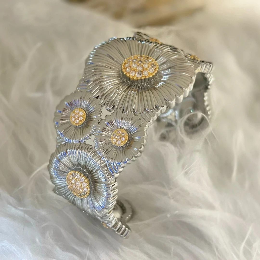 铜合金手镯 3657西洋中古风vintage复古银色拉丝小雏菊宽手镯