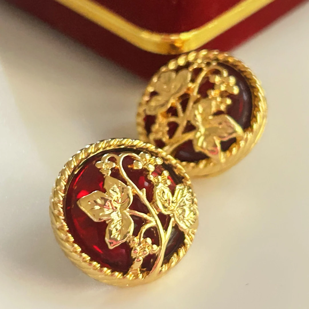 铜合金琉璃耳饰 3958西洋中古风 vintage复古红色浮雕耳钉耳夹