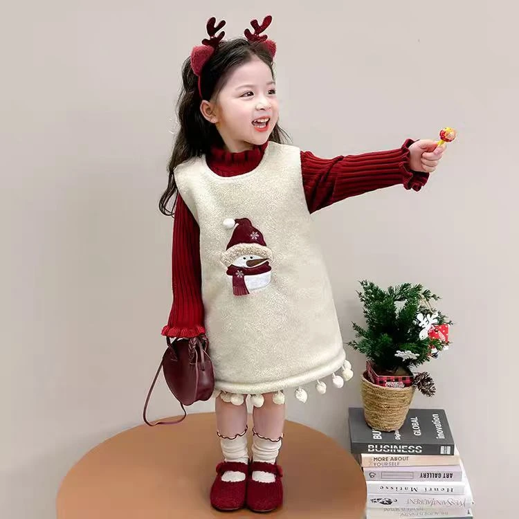 童装女童背心裙秋冬新款圣诞儿童服装洋气雪人加绒加厚公主连衣裙