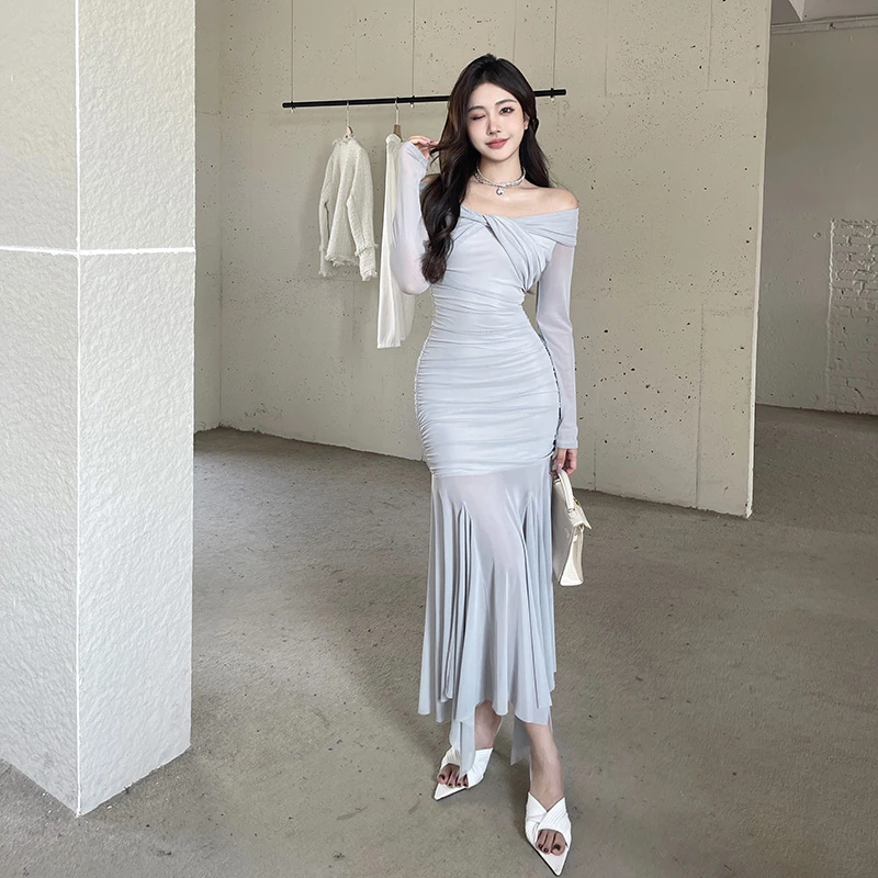 【雾灰河畔】网纱微透温柔风连衣裙小众设计感褶皱显瘦收腰气质性感