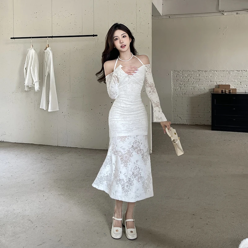 【浪漫永生】蕾丝纯欲辣妹一字肩连衣裙设计感包臀修身鱼尾裙气质