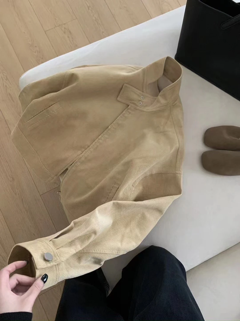 【吾欢喜STUDIO】HKR韩秋季新款复古港风立领灯芯绒拉链夹克短外套