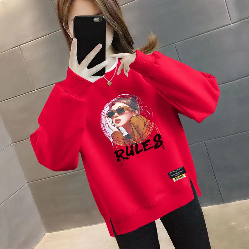 春秋装新款女装2024爆款假两件卫衣女韩版不规则套头加绒薄款上衣