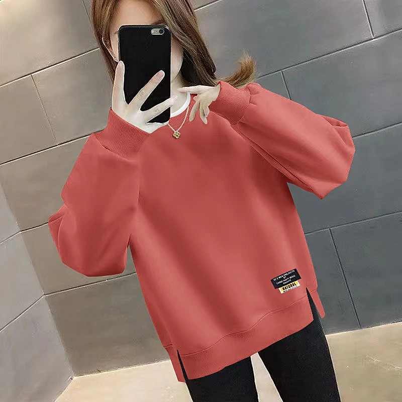 2024秋冬季新款圆领套头加绒加厚卫衣女宽松大码韩版百搭薄款外套