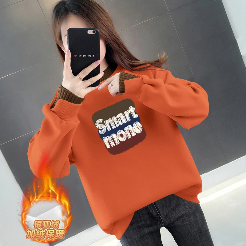 2024年冬季新款字母印花半高领拼接假两件卫衣女加绒宽松减龄上衣