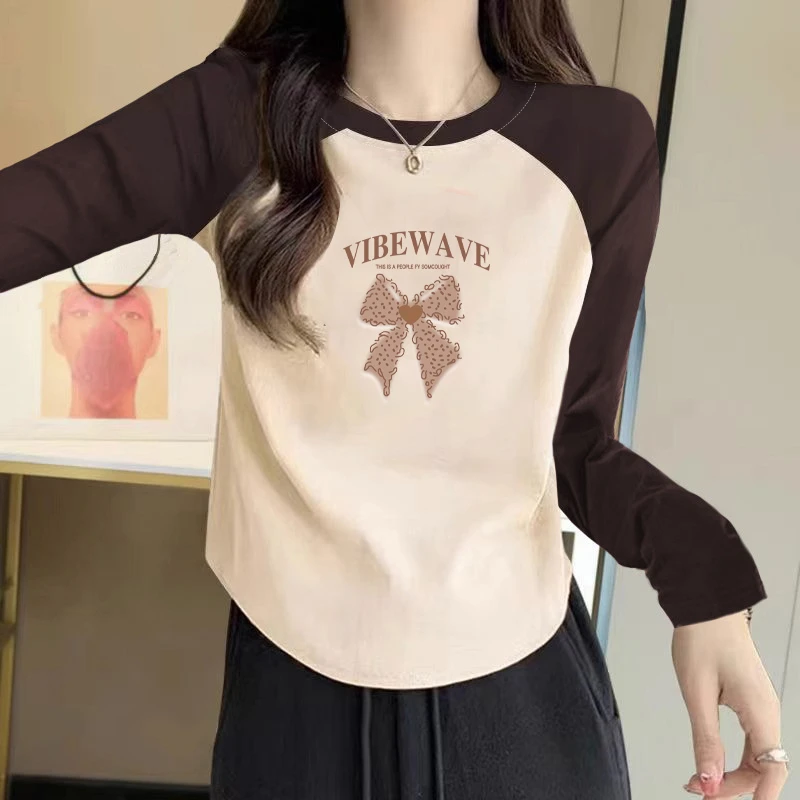 大码胖mm正肩长袖t恤女秋季撞色显瘦内搭打底衫插肩袖修身上衣潮