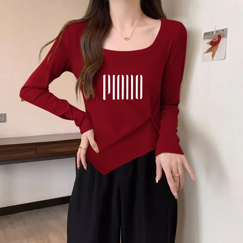 方领显瘦短款正肩t恤女春秋新款设计感辣妹长袖鱼骨上衣打底衫潮