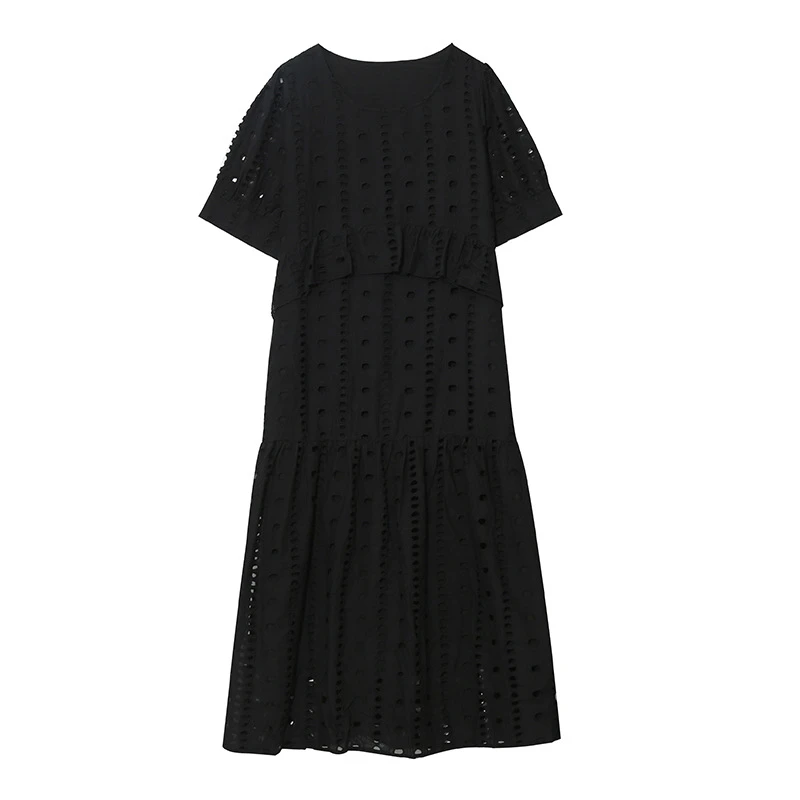 2301夏季新款通勤风温柔镂空刺绣连衣裙胖MM加肥宽松木耳边女