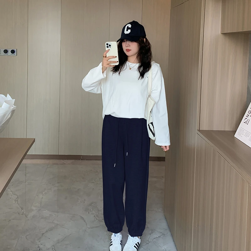 W1094微胖大码新款韩版宽松显瘦休闲坠感长款坠感 束脚裤