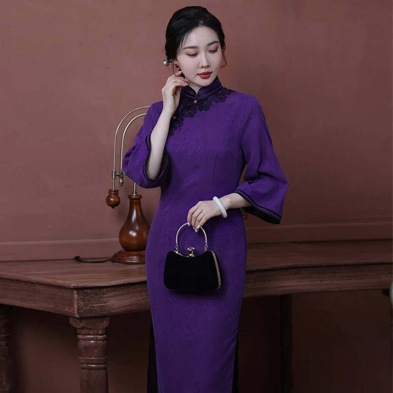 （崔万志旗袍）高端100分香云纱 气质真丝旗袍裙WZ4820