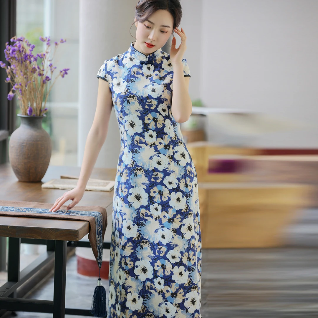 （崔万志旗袍）中国风文艺改良中长款棉麻旗袍连衣裙QP023