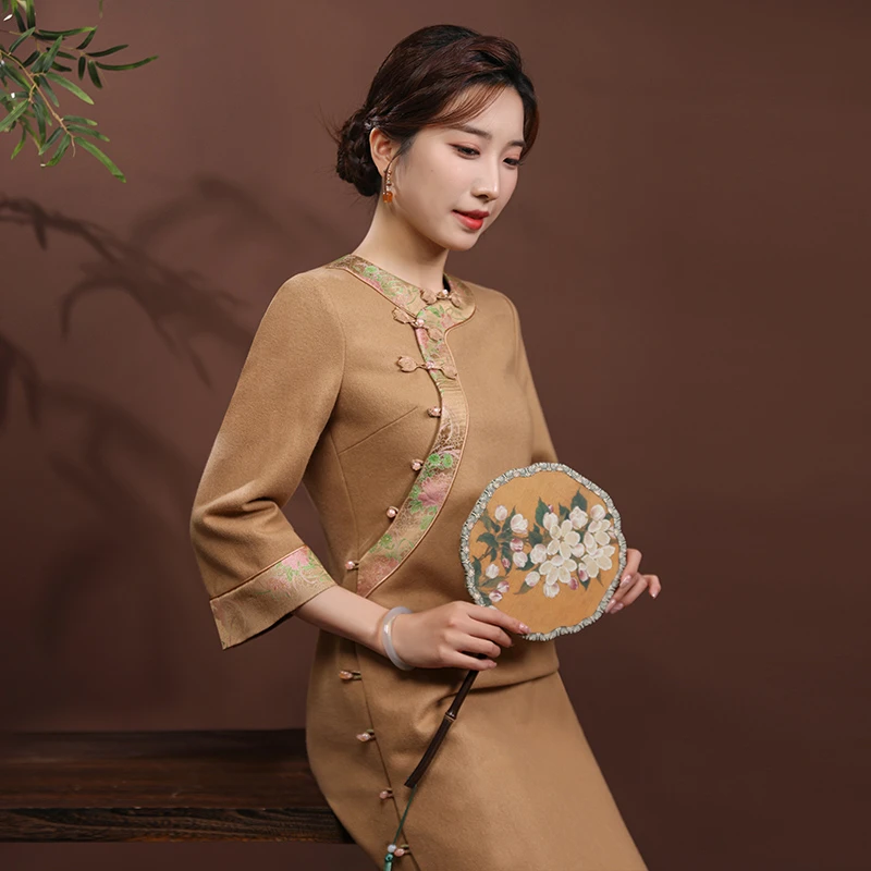 （崔万志旗袍）100%羊毛呢 手工盘扣全开襟国风旗袍连衣裙 WZ6187