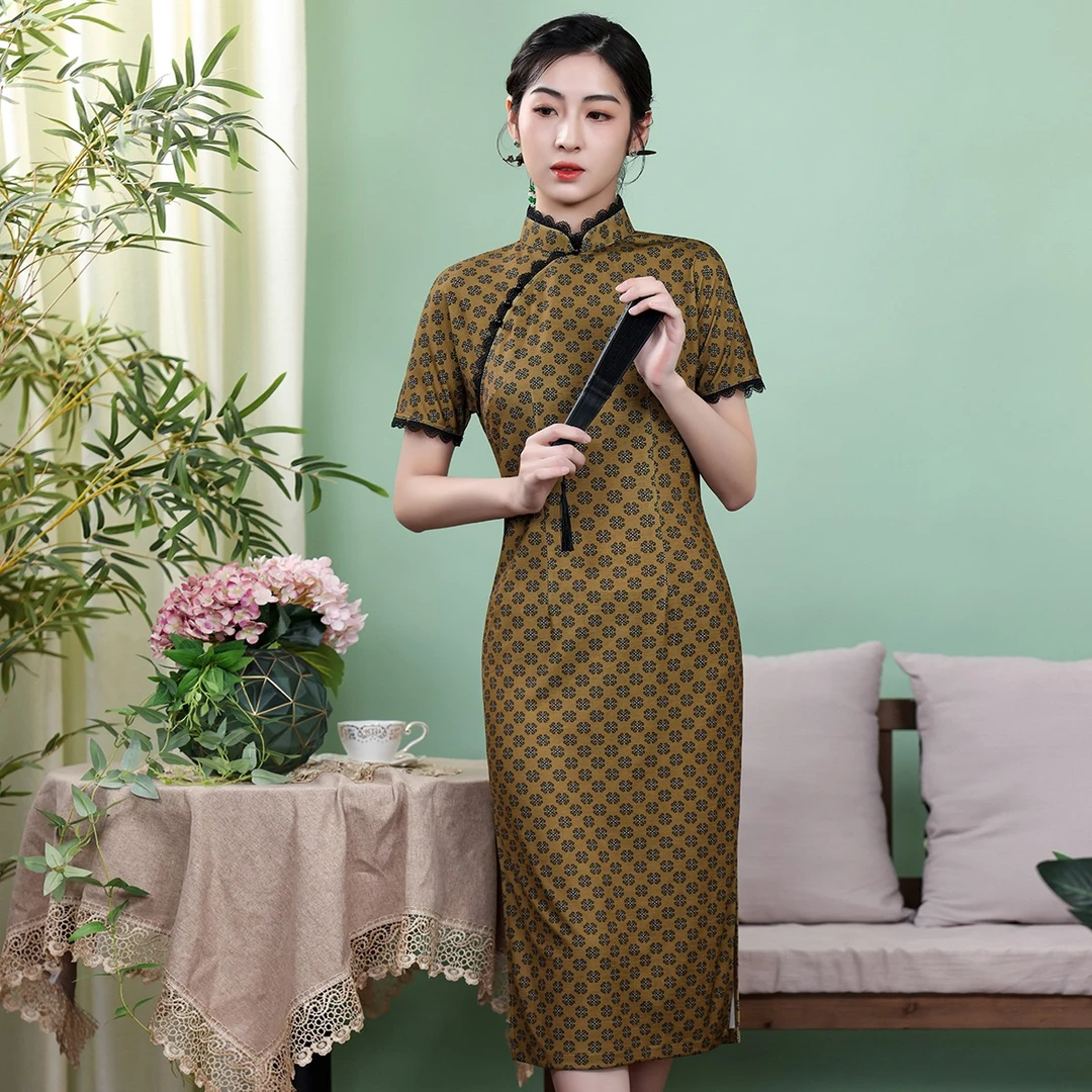（崔万志旗袍）弹力针织连肩袖蕾丝花边显瘦中式旗袍连衣裙DW4769