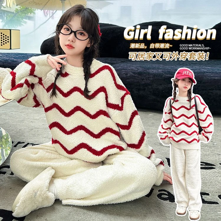 冬季亲子宝妈潮流女童加绒保暖半边绒家居服洋气ZB004-1