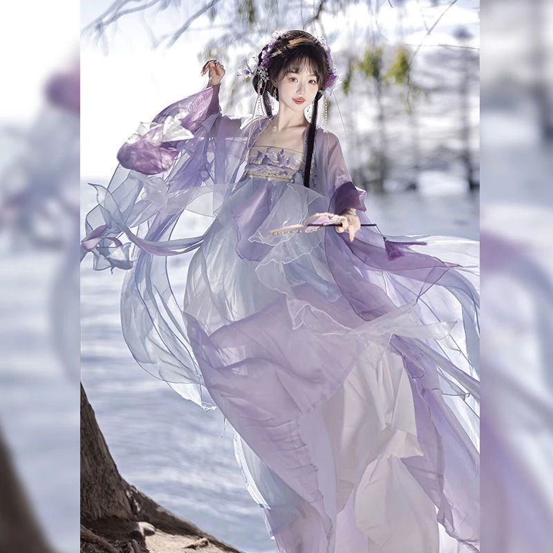 春不晚国风唐制诃子裙汉服日常女仙气破烂袖大袖衫刺绣春夏