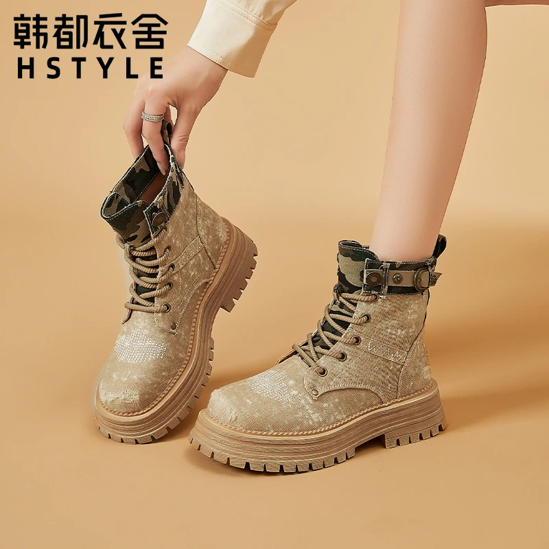韩都衣舍新款2024夏季英伦风休闲高帮系带马丁靴女6236118