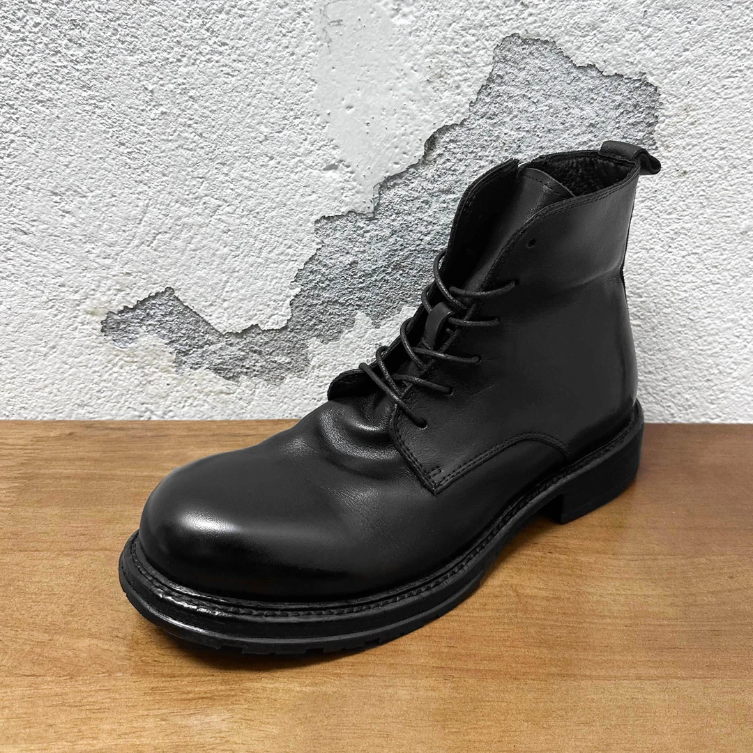 水洗马皮马丁靴男款马皮休闲时尚中筒百搭真皮黑色圆头厚高帮